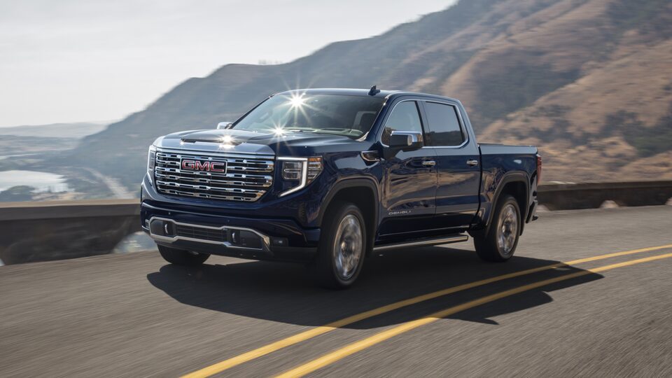 Exterior front driver side view of the 2023 Sierra 1500 Denali.