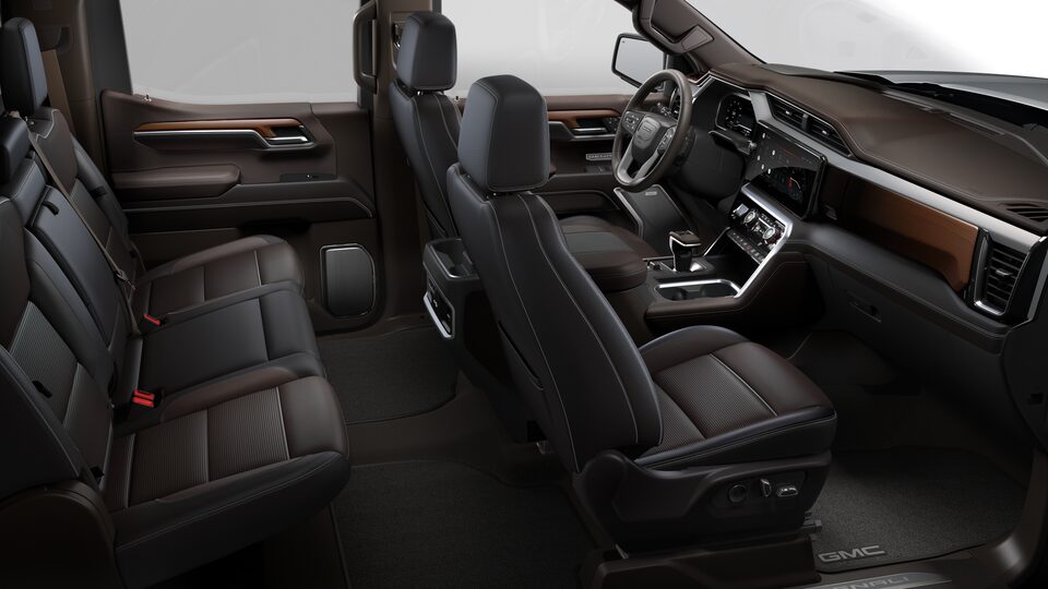 Side interior view of the 2023 GMC Sierra 1500 Denali in Atmosphere and Brownstone.