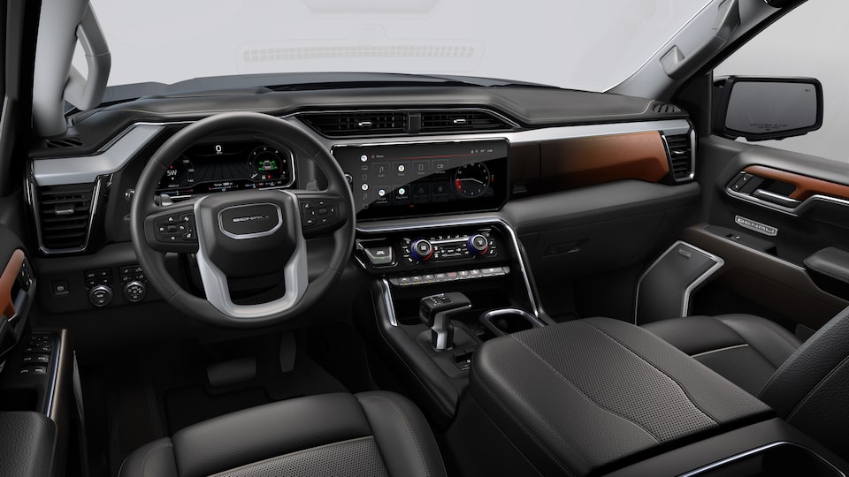 Front interior view of the 2023 GMC Sierra 1500 Denali in Jet Black.