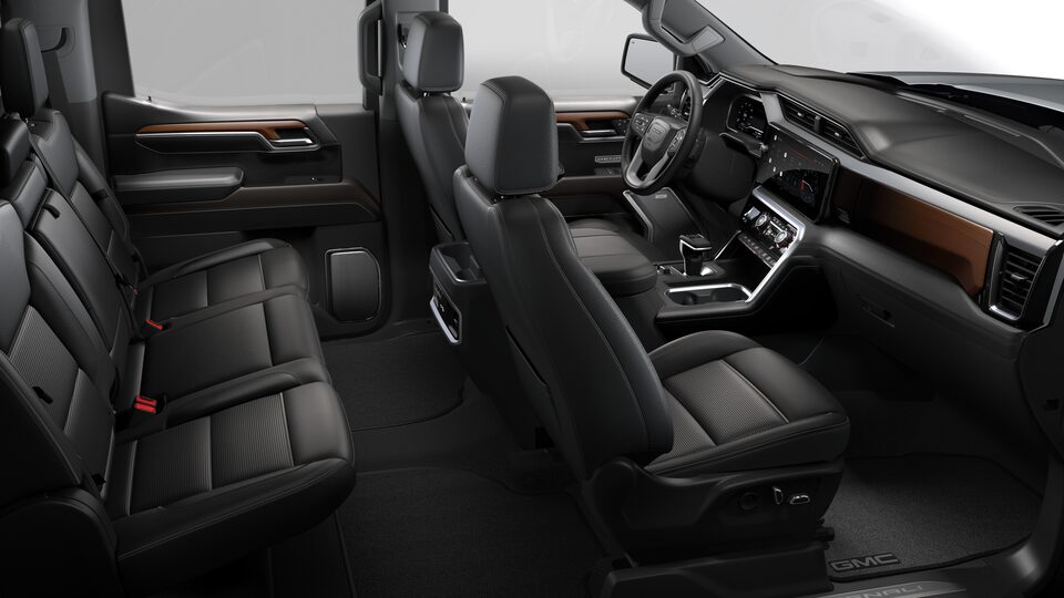 Side interior view of the 2023 GMC Sierra 1500 Denali in Jet Black.