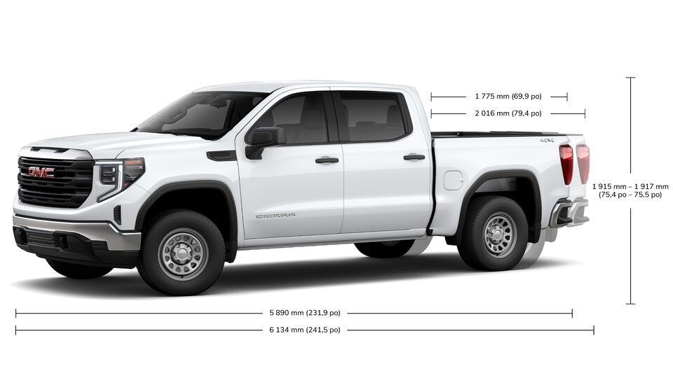 Spécifications de la cabine multiplace du GMC Sierra 1500.