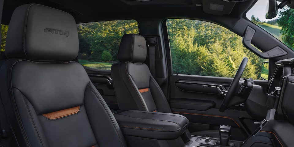Jet Black interiors with Kalahari accents of the 2024 GMC Sierra 1500 AT4.