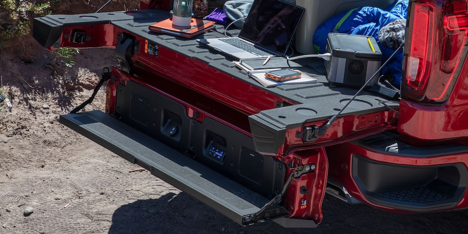 High-strength steel bed on the tailgate of the 2024 GMC Sierra 1500 SLE.