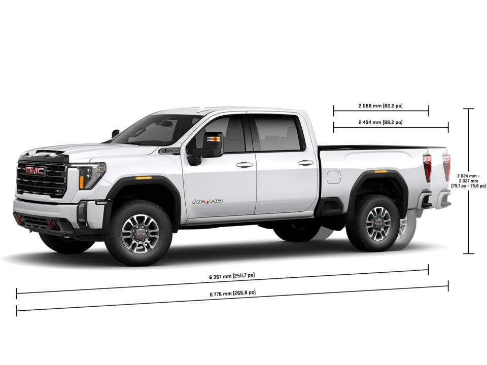 Spécifications du GMC Sierra HD AT4 2500 2024.