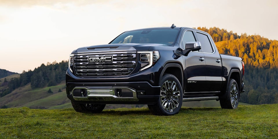  The 2024 GMC Sierra 1500 Denali atop a grassy mountain field.