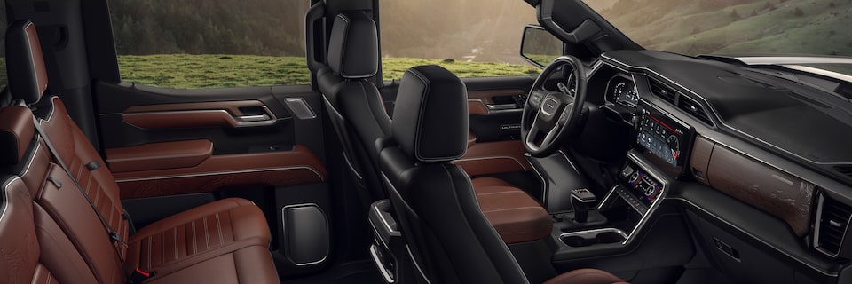 Alpine Umber interiors of the 2024 GMC Sierra 1500 Denali Ultimate.