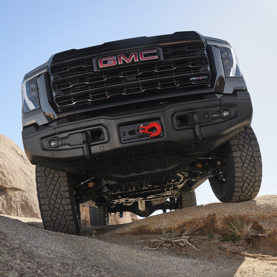 Front view of the 2024 GMC Sierra HD from below.