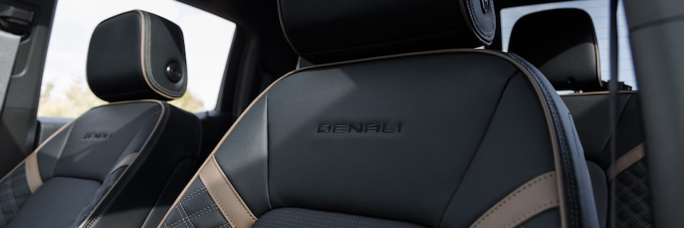 Close up of the leather stitching of the 2025 GMC Canyon Denali.