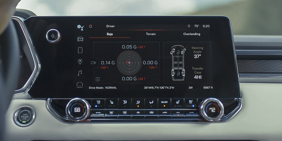 The 2025 GMC Canyon Denali Display Screen Showing the Camera View of the Off-Road Performance Feature.