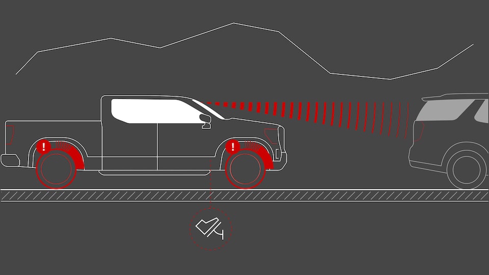 Graphic of the Forward Collision Alert and Automatic Emergency Braking of the 2025 GMC Canyon.