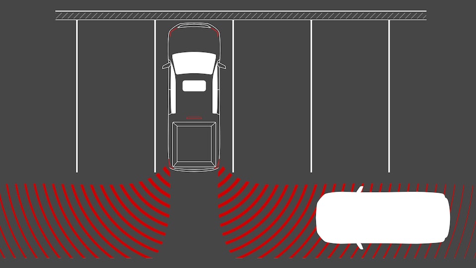An Illustration of the 2025 GMC Canyon's Rear Pedestrian Alert Safety Feature.