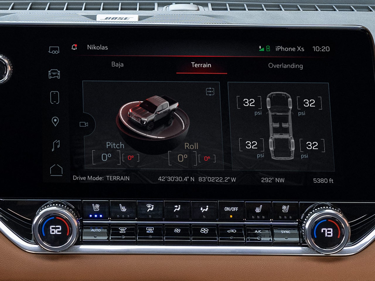 Off-Road information being displayed on the infotainment screen of the 2026 GMC Canyon.