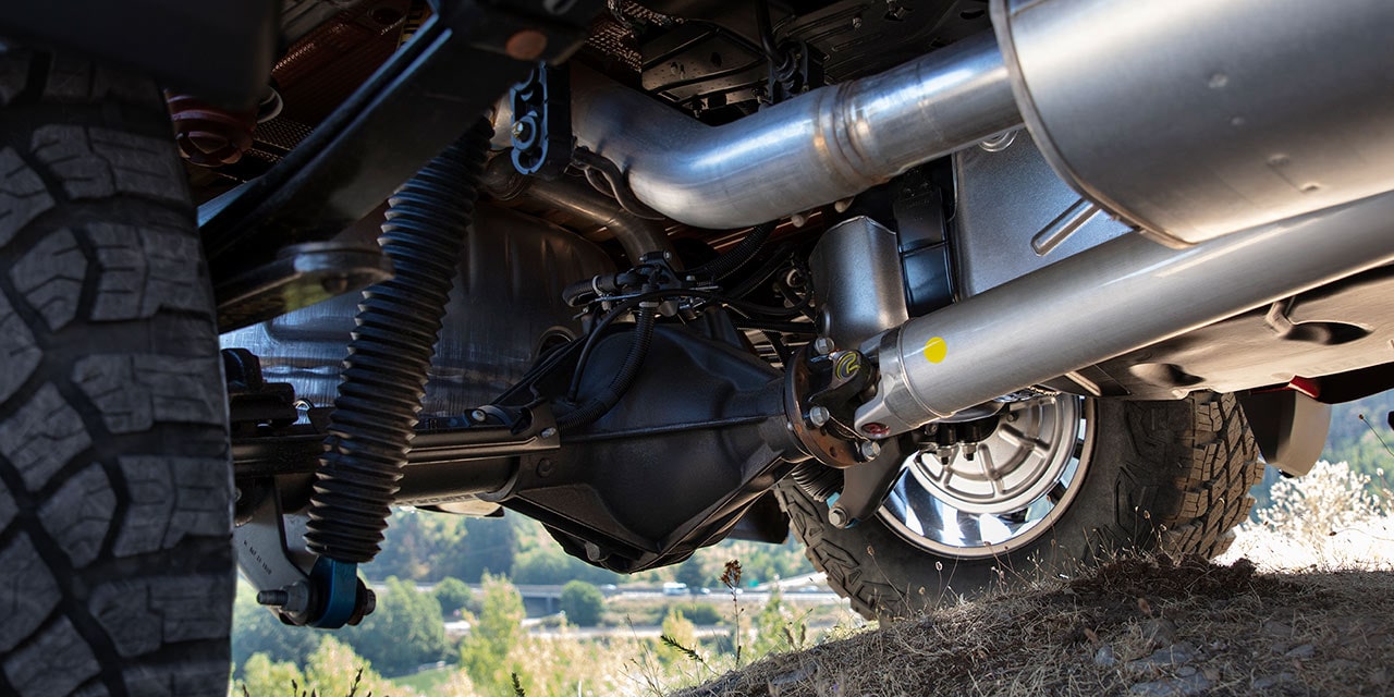 Close-up view of the 2026 GMC Sierra 1500 AT4X Off-Road Suspension.