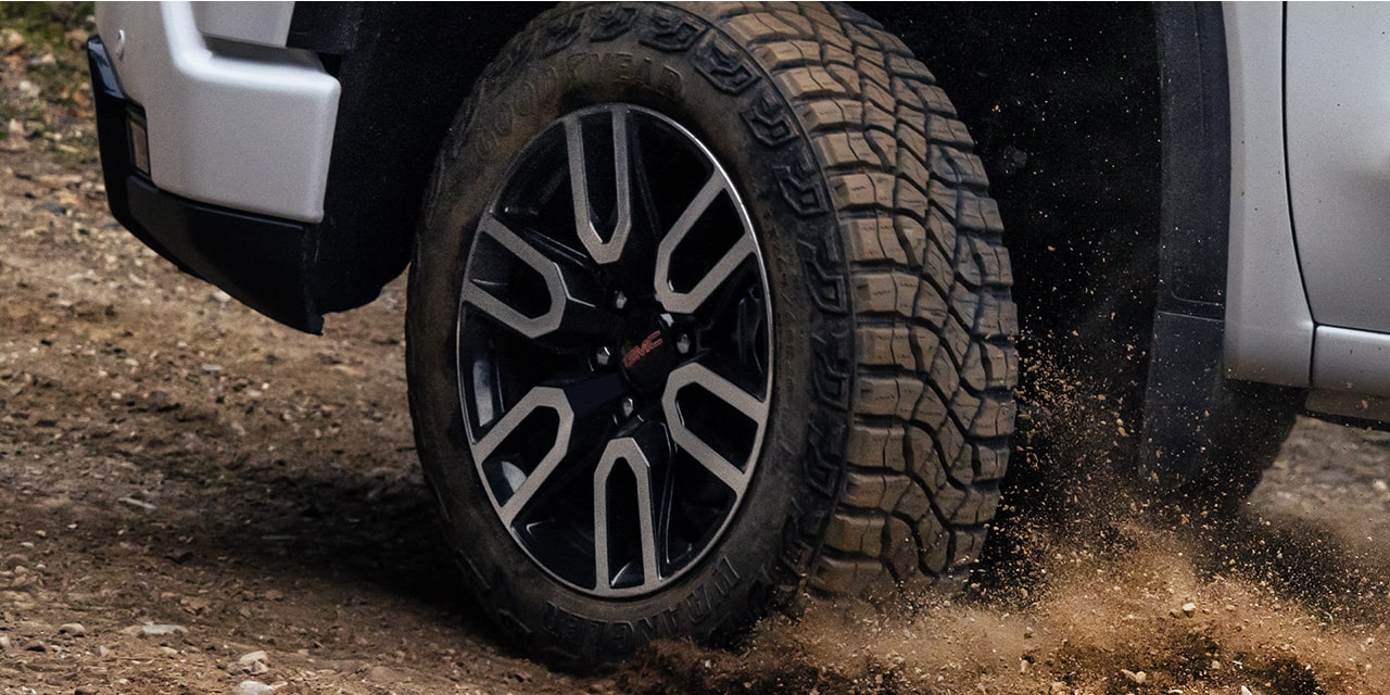 Close-up of the Tires on the 2026 GMC Sierra 1500 AT4 Off-Road Truck.