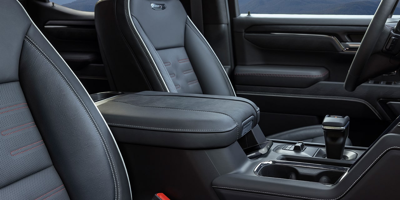 Interior View of the Jet Black Front Seats in the 2026 GMC Sierra 1500 Pickup Truck.