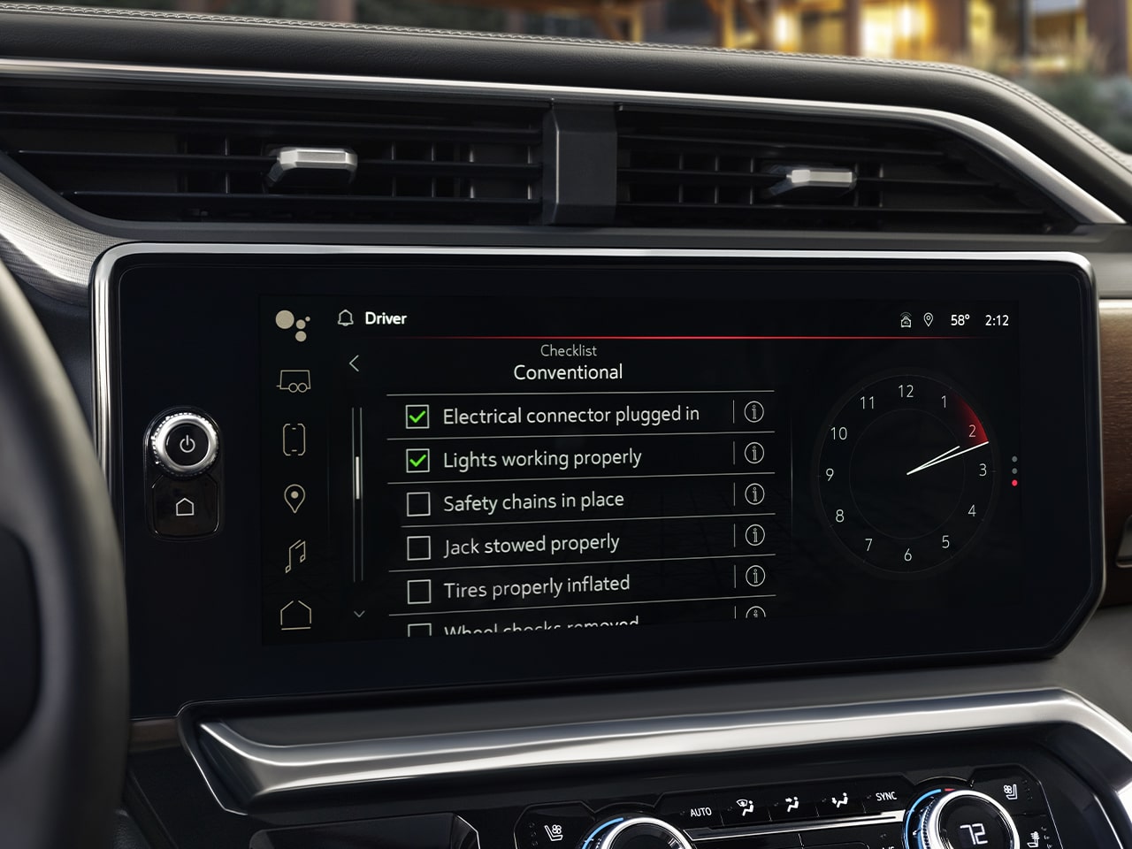 Close-up of the Infotainment Screen of the 2026 GMC Sierra 1500 Pickup Truck Displaying the Prograde Trailing System Options.