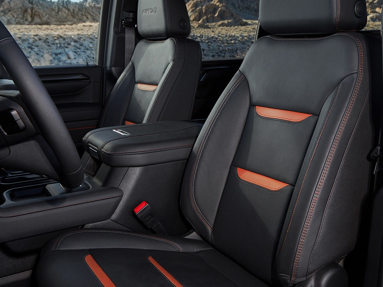 Interior View of Front Seats in a 2026 GMC Sierra HD AT4.