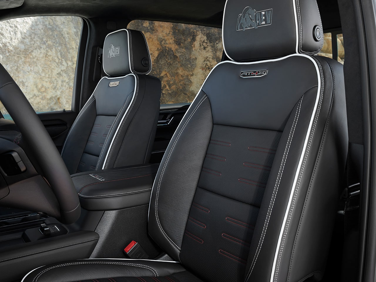 Interior View of Front Seats in a 2026 Sierra HD AT4.