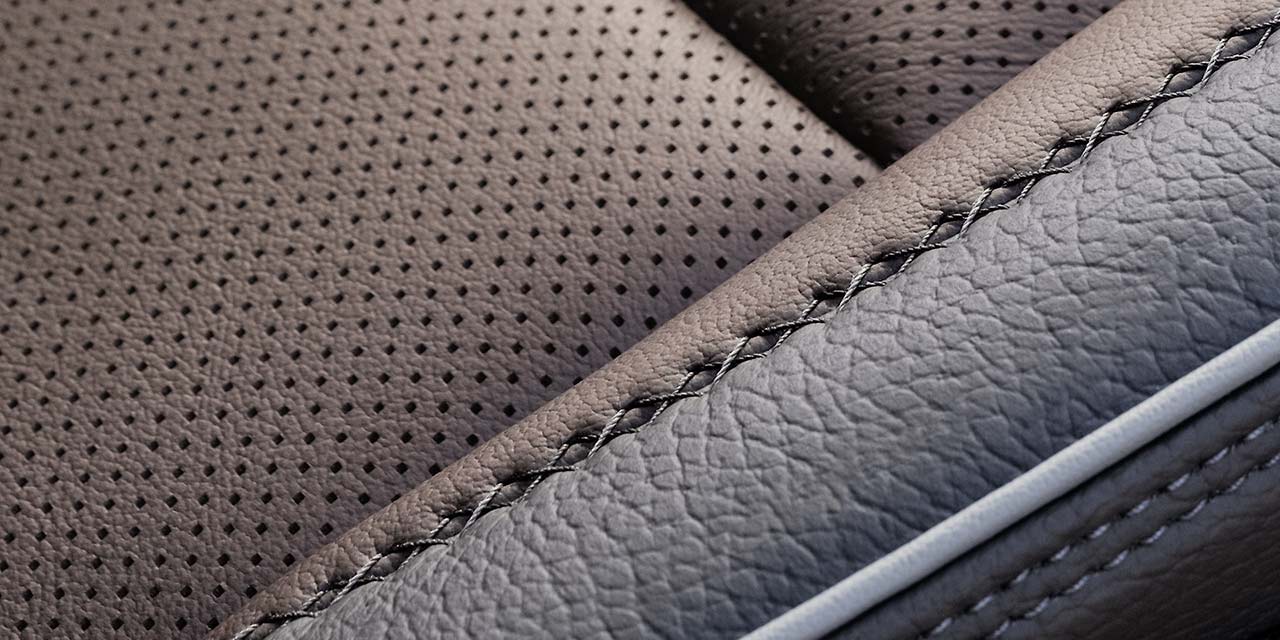 Close-up of the Seat Stitching in a 2026 GMC Sierra HD Denali Luxury Truck.
