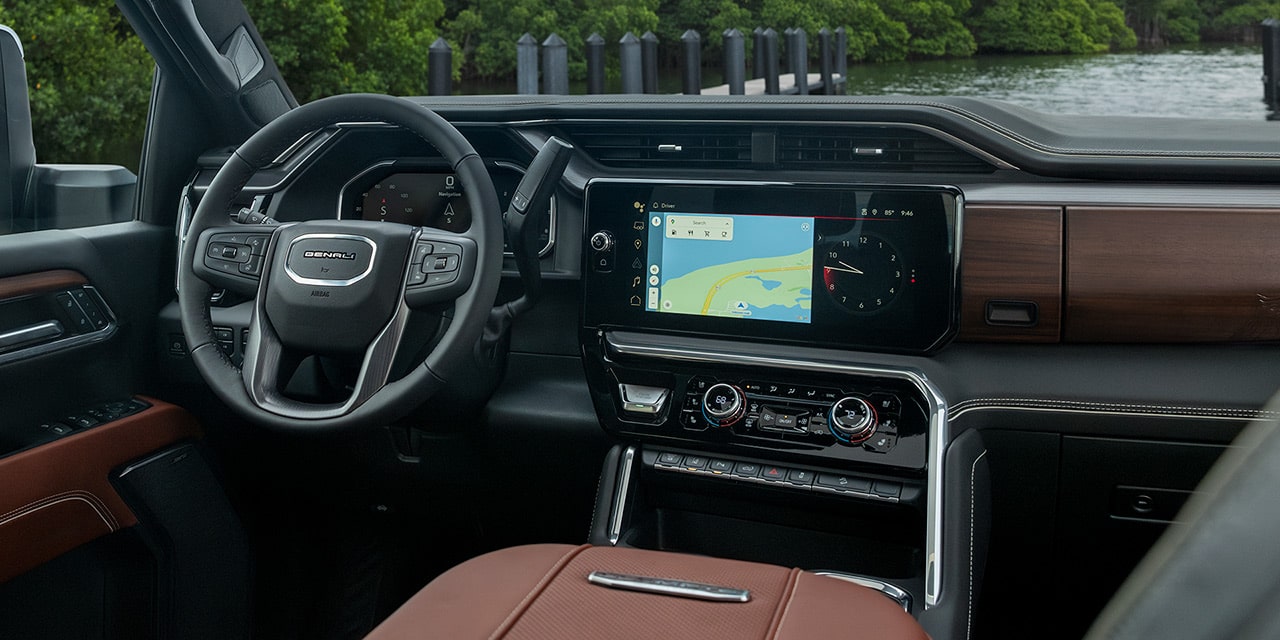 Passenger Seat View of the 2026 GMC Sierra HD Denali Front Row Interiors.
