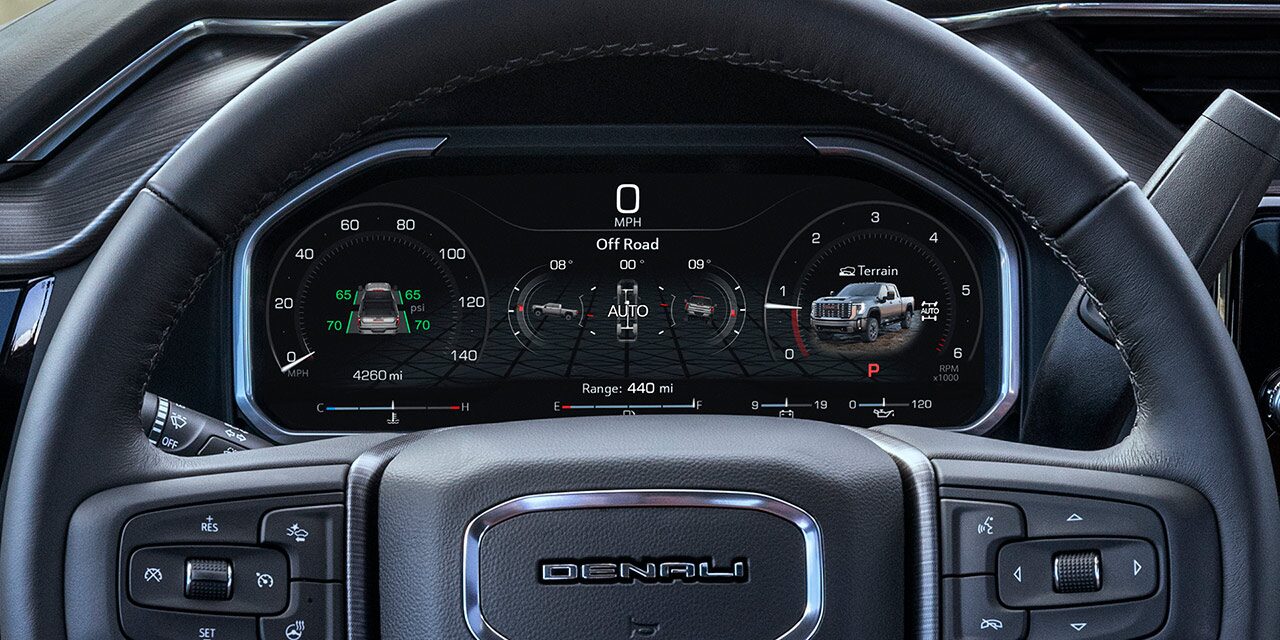 Close-up view of the Driver Information Center in a 2026 GMC Sierra HD Denali Luxury Truck.