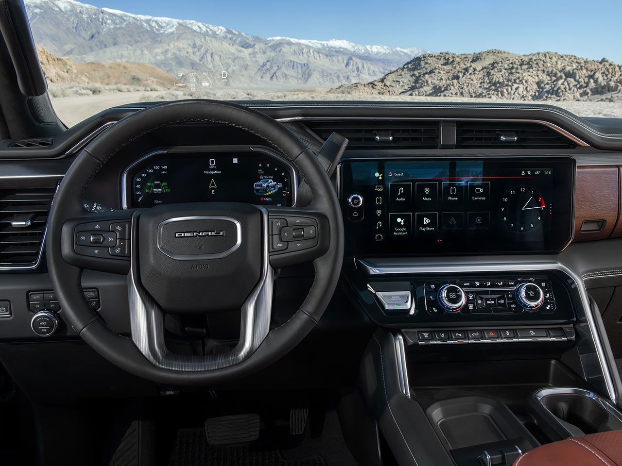 Driver's Seat View of the 2026 GMC Sierra HD Denali Dashboard and Display Infotainment Screen.