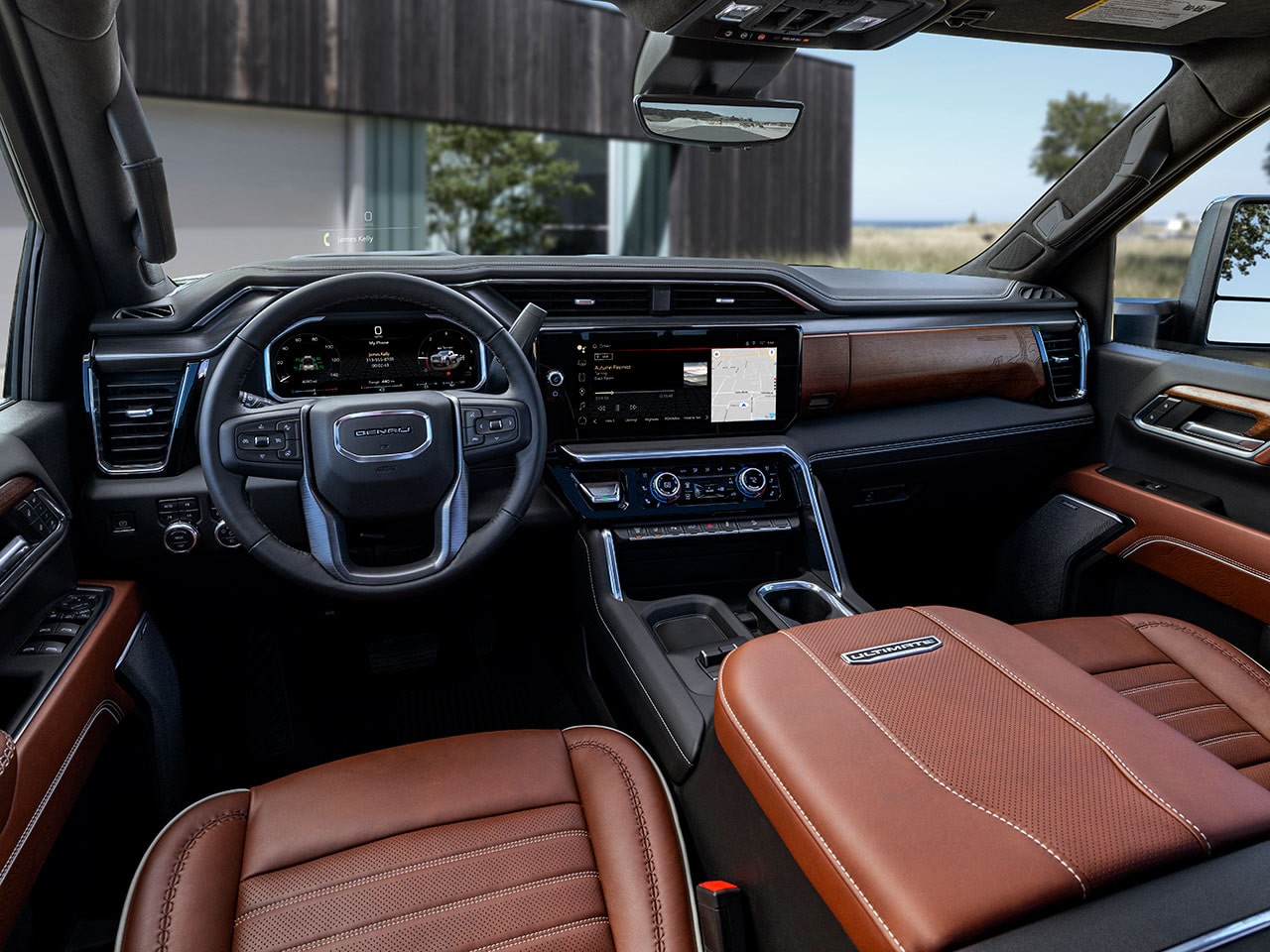 Interior View of the Steering Wheel and Dashboard in the 2026 GMC Sierra HD Truck.