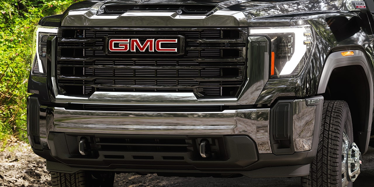 Front View of the 2026 GMC Sierra HD Pro Truck and the LED Projector Headlamps.