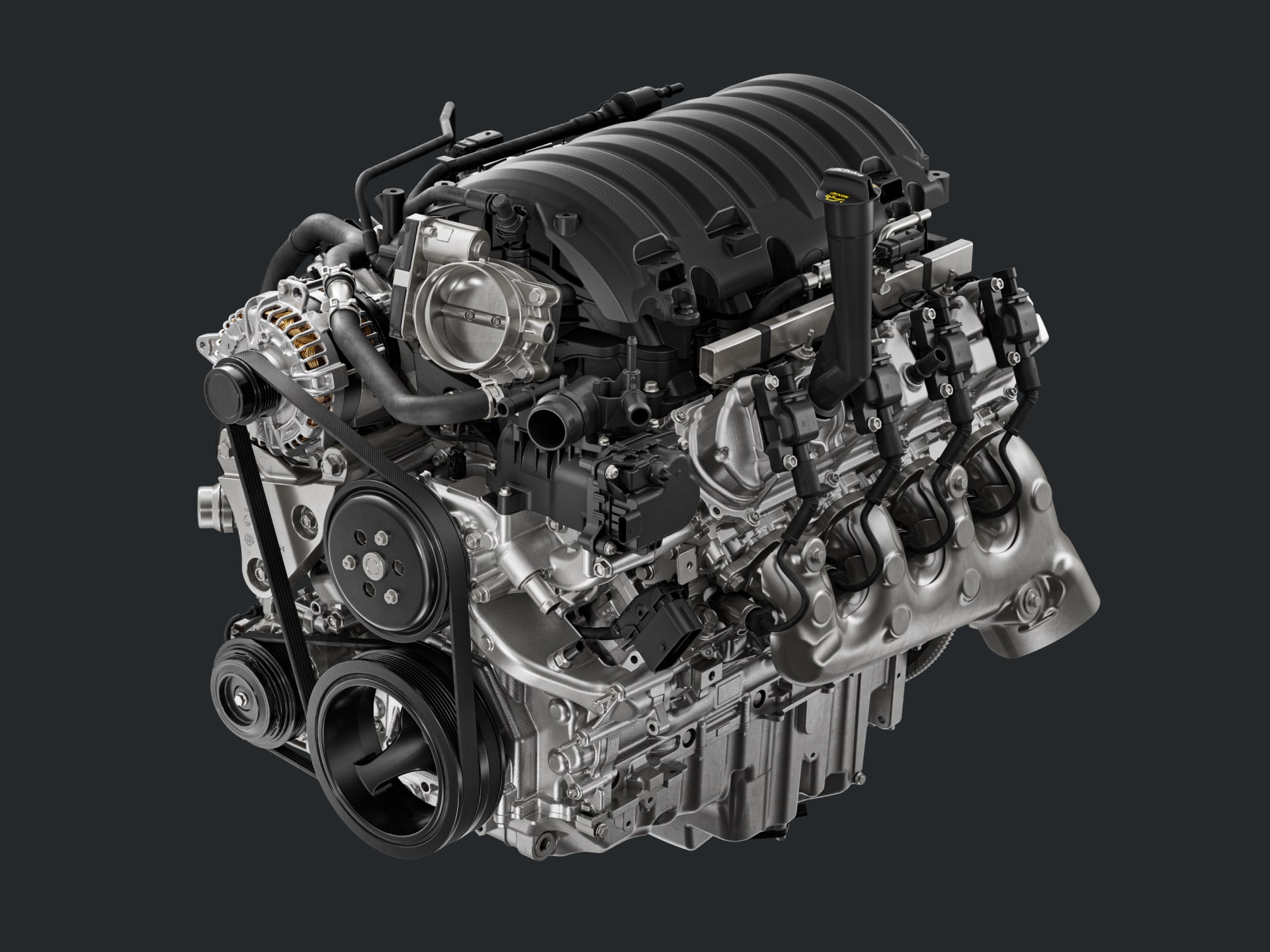 A Detailed View of the GMC Sierra 1500 Gasoline V8 Engine on a Dark Background