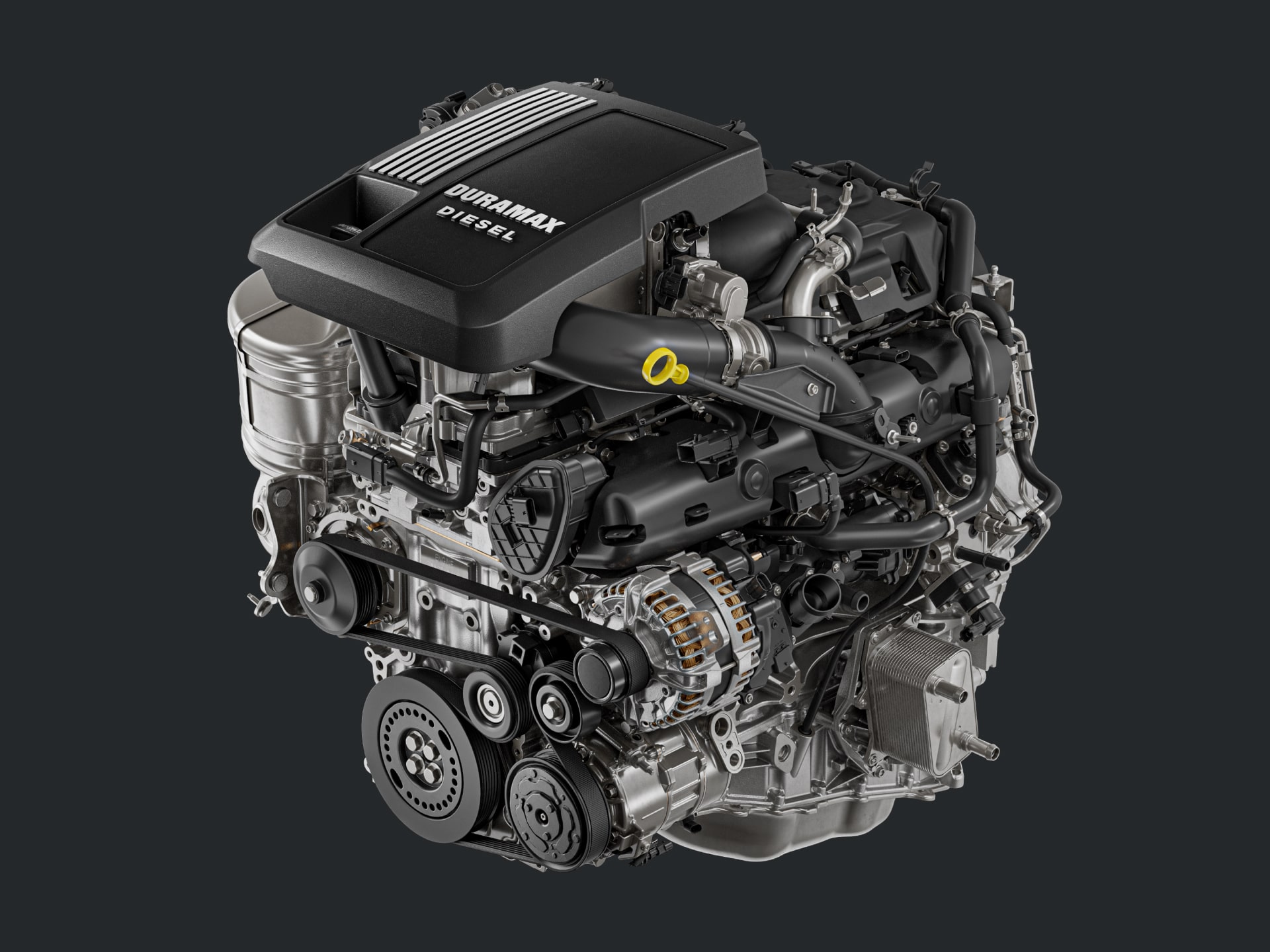 A Detailed View of the GMC Sierra 1500 Duramax Diesel Engine on a Dark Background