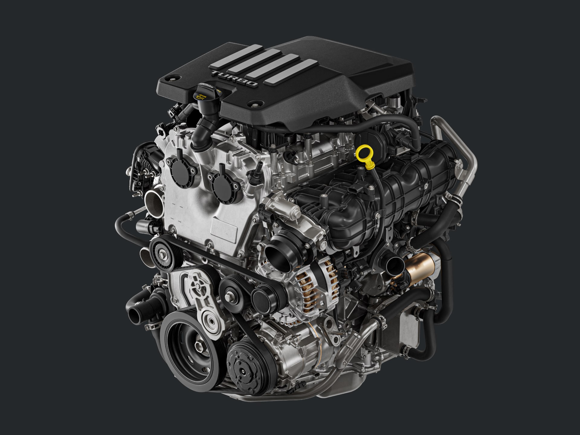 A Detailed View of the GMC Sierra 1500 Turbo Gasoline Engine on a Dark Background