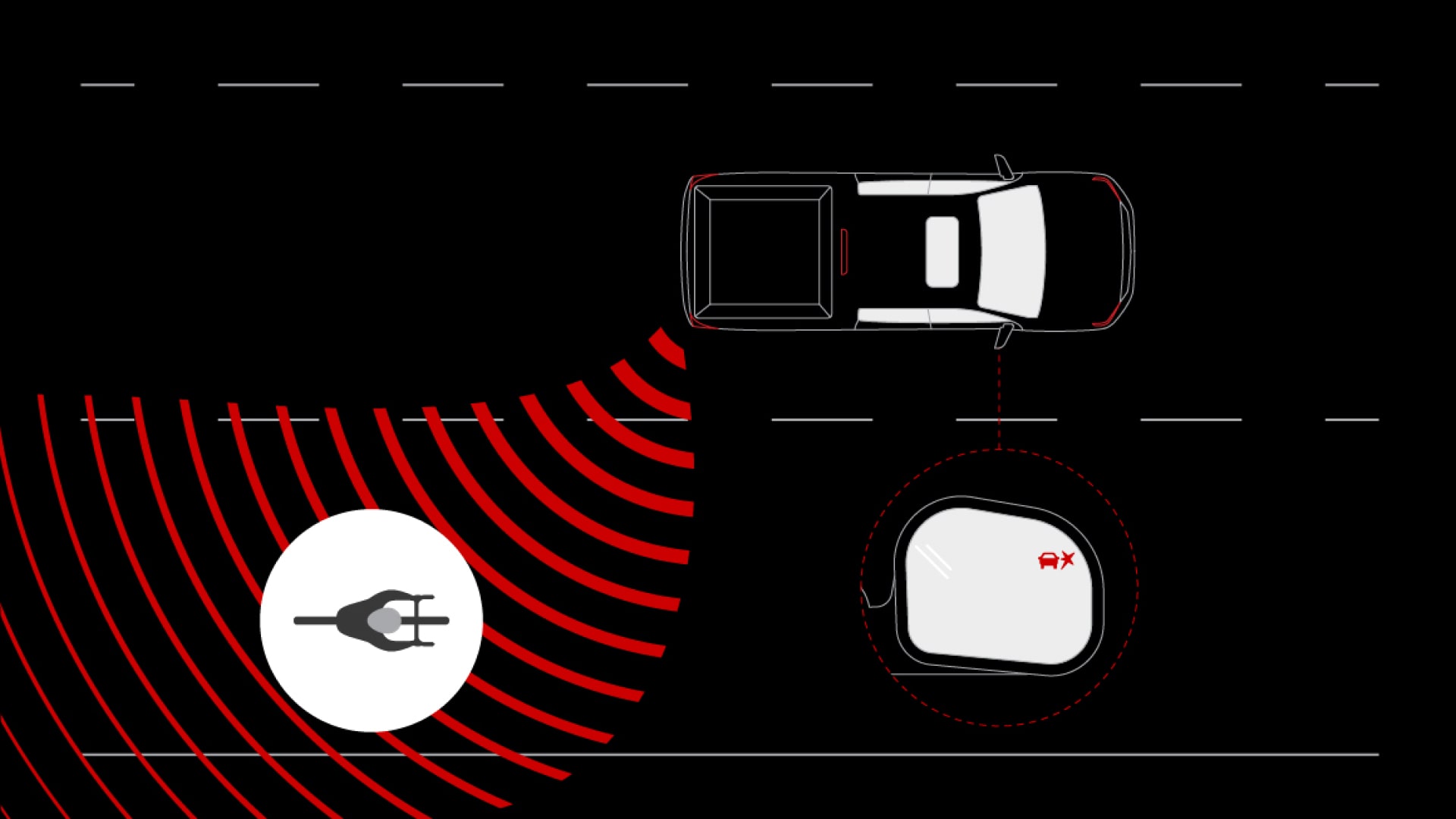 Vue en plongée d’un GMC Sierra 1500 sur la route avec ondes radar latérales et icône de recharge