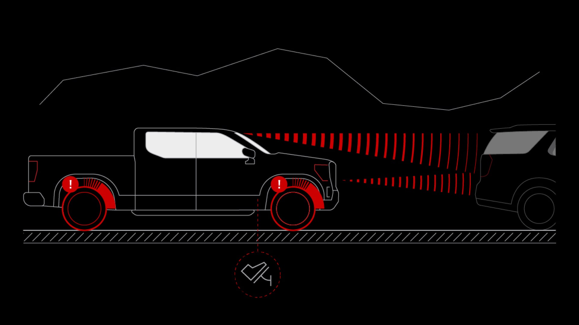 Vue de côté d’un GMC Sierra 1500 avec radar avant détectant une voiture et indicateurs d’alerte près des roues