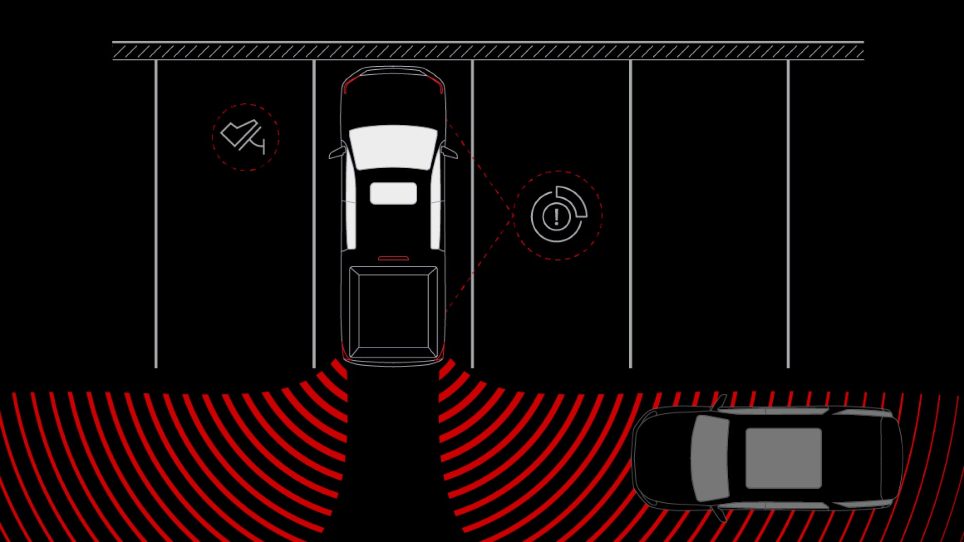 Vue en plongée d’un GMC Sierra 1500 reculant dans un espace de stationnement avec ondes radar arrière