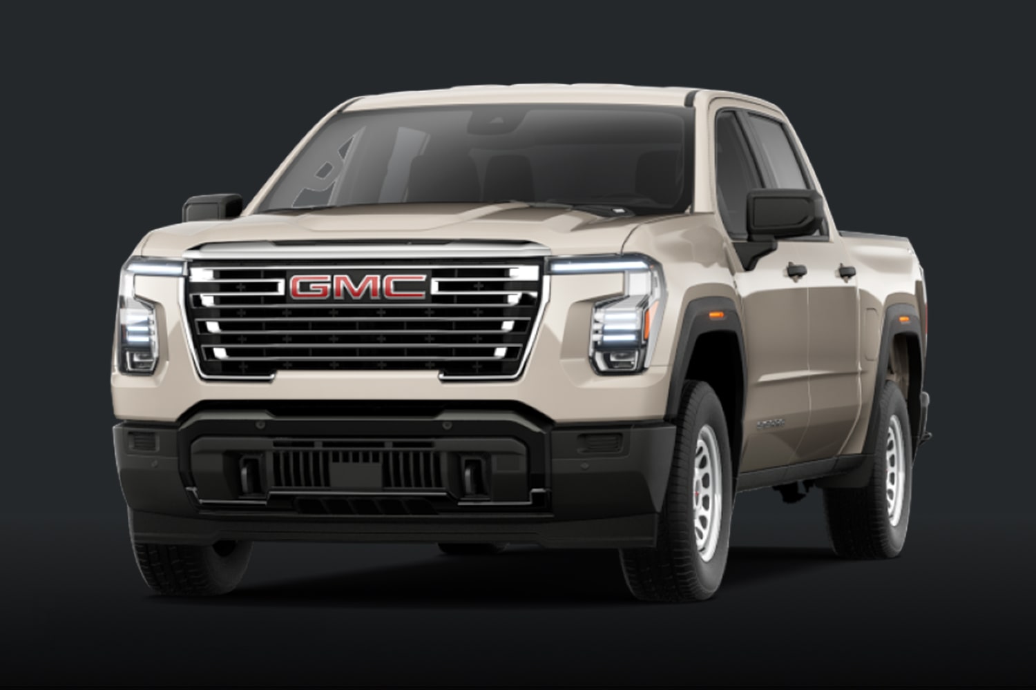 Vue de face d’une camionnette GMC Sierra 1500 2027 beige