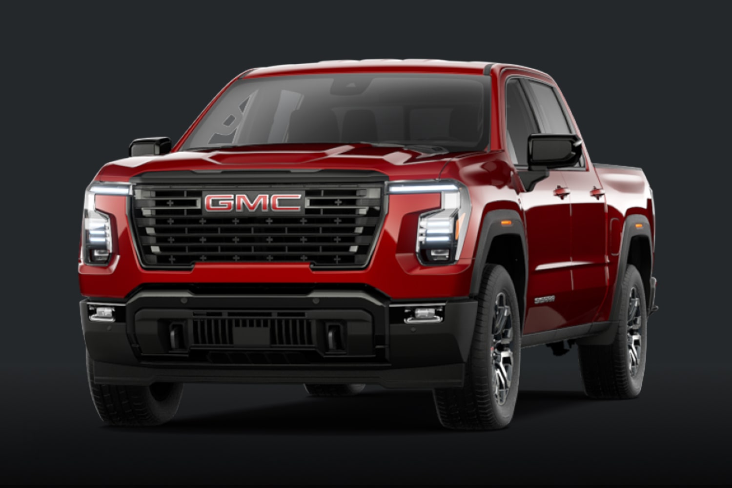 Vue de face d’une camionnette GMC Sierra 1500 2027 rouge