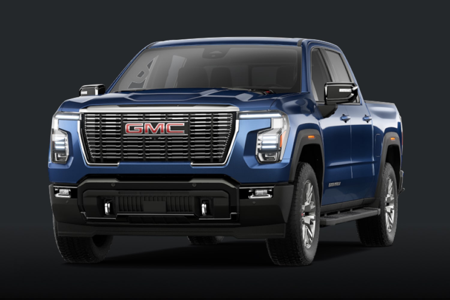 Vue de face d’une camionnette GMC Sierra 1500 Denali 2027 bleue