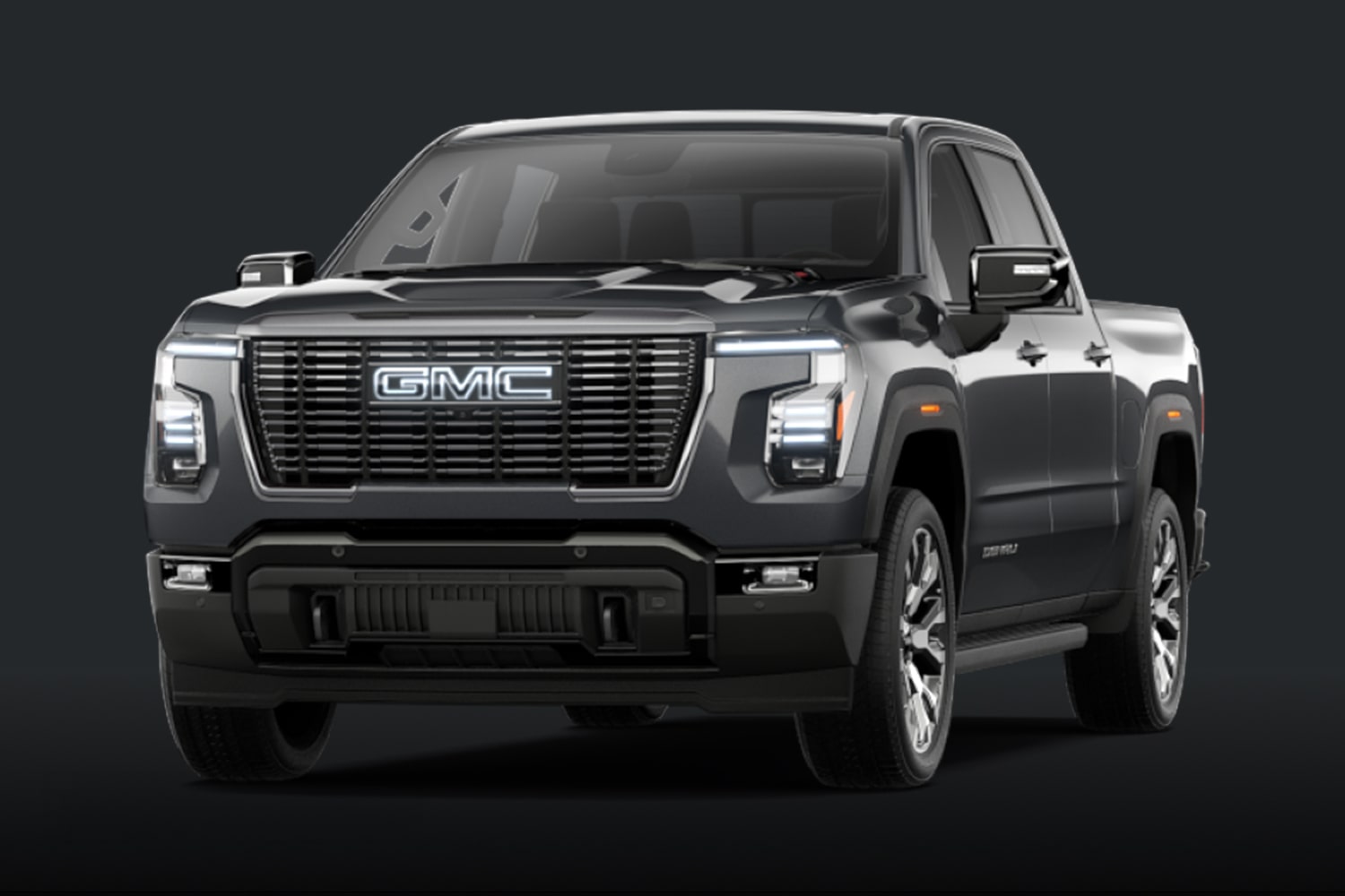 Vue de face d’une camionnette GMC Sierra 1500 Denali 2027 gris foncé