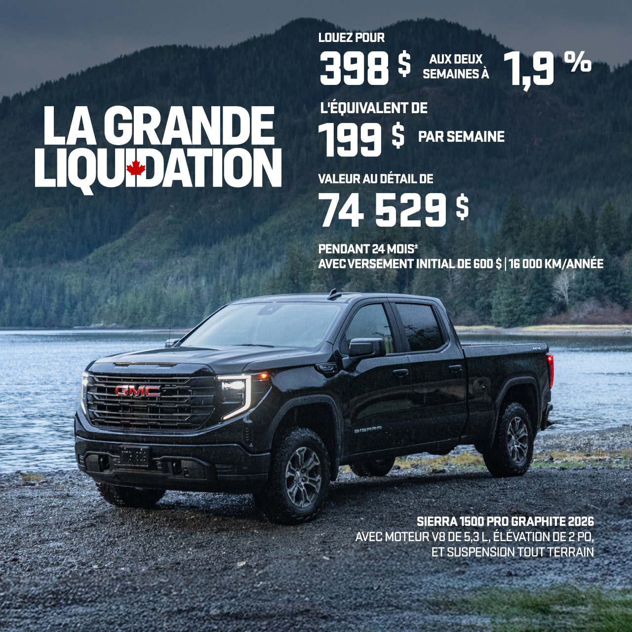 Deux camions GMC Sierra HD 2027, l’un noir et l’autre rouge, équipés de pneus tout-terrain et de crochets de remorquage rouges, stationnés côte à côte sur un terrain rocheux, avec des montagnes enneigées en arrière-plan