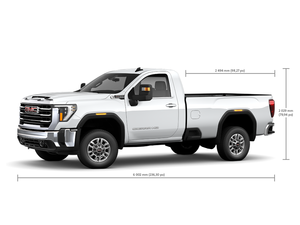 Spécifications du GMC Sierra HD 2500 2025 à cabine classique.