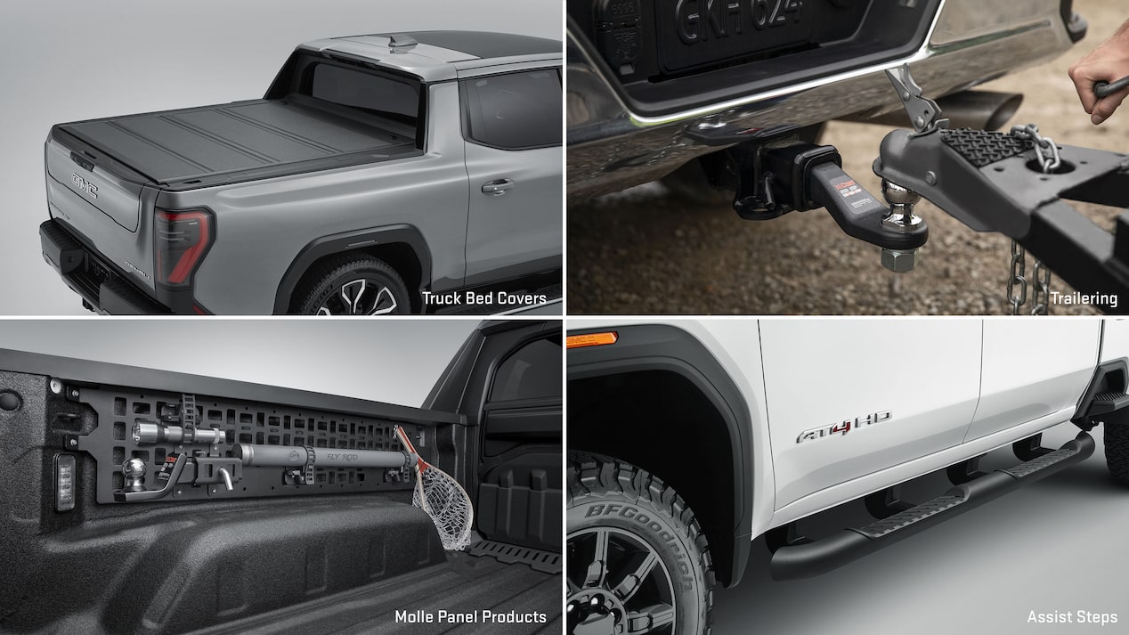 Multiple views of accessorized vehicles with people nearby and text overlays “cargo protection, trailering camera, trailering package, and tailgate audio.”