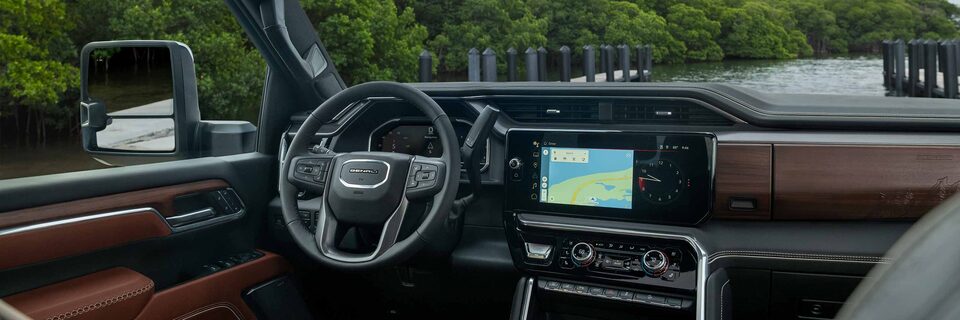 Interior View of the Sierra HD Denali Ultimate Steering Wheel and Dashboard
