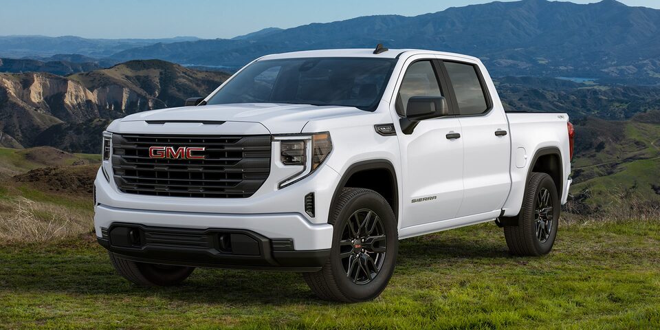 Side Three-Quarters View of a GMC Sierra 1500 Pickup Truck Parked in a Green Valley with Mountains in the Background