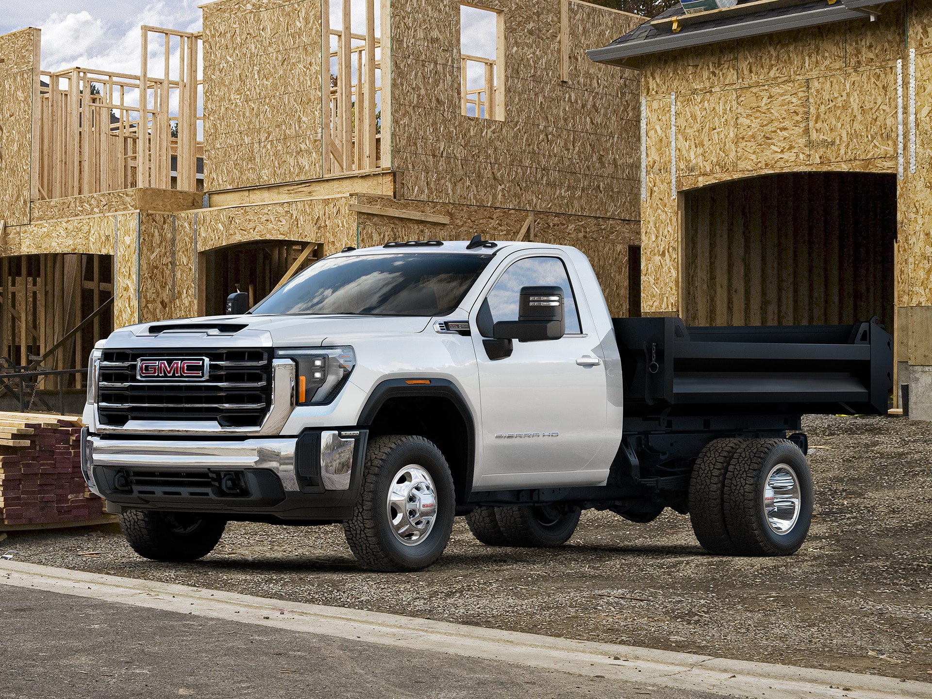 The 2026 GMC Sierra Chassis Cab Work Truck Parked Next to a House Being Built