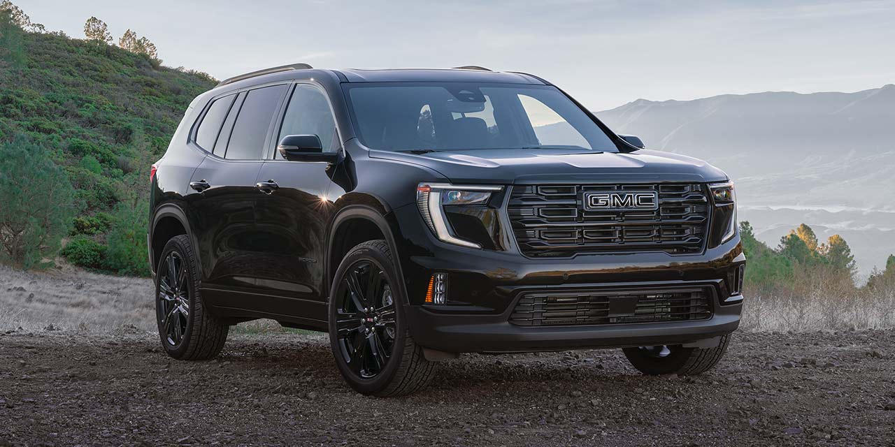 Front Three-Quarters View of a Black 2026 GMC Acadia Elevation Mid-Size SUV