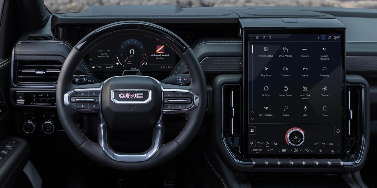 Steering wheel and infotainment screen on the 2025 GMC Yukon.