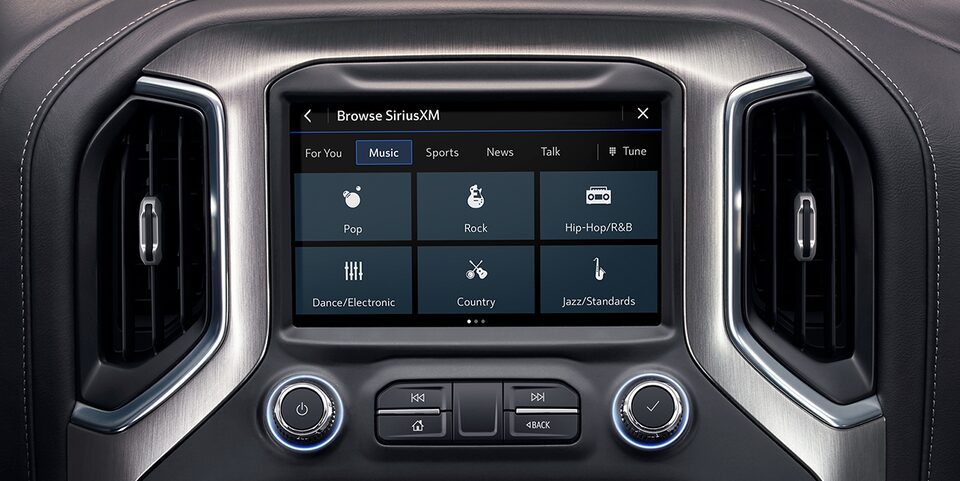 Close-up of the SiriusXM App In Use in a GMC Vehicle
